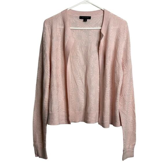 Ann Taylor Cardigan Womens Large Pink Floral Jacquard Open Front Crew Neck Knit - Picture 2 of 7